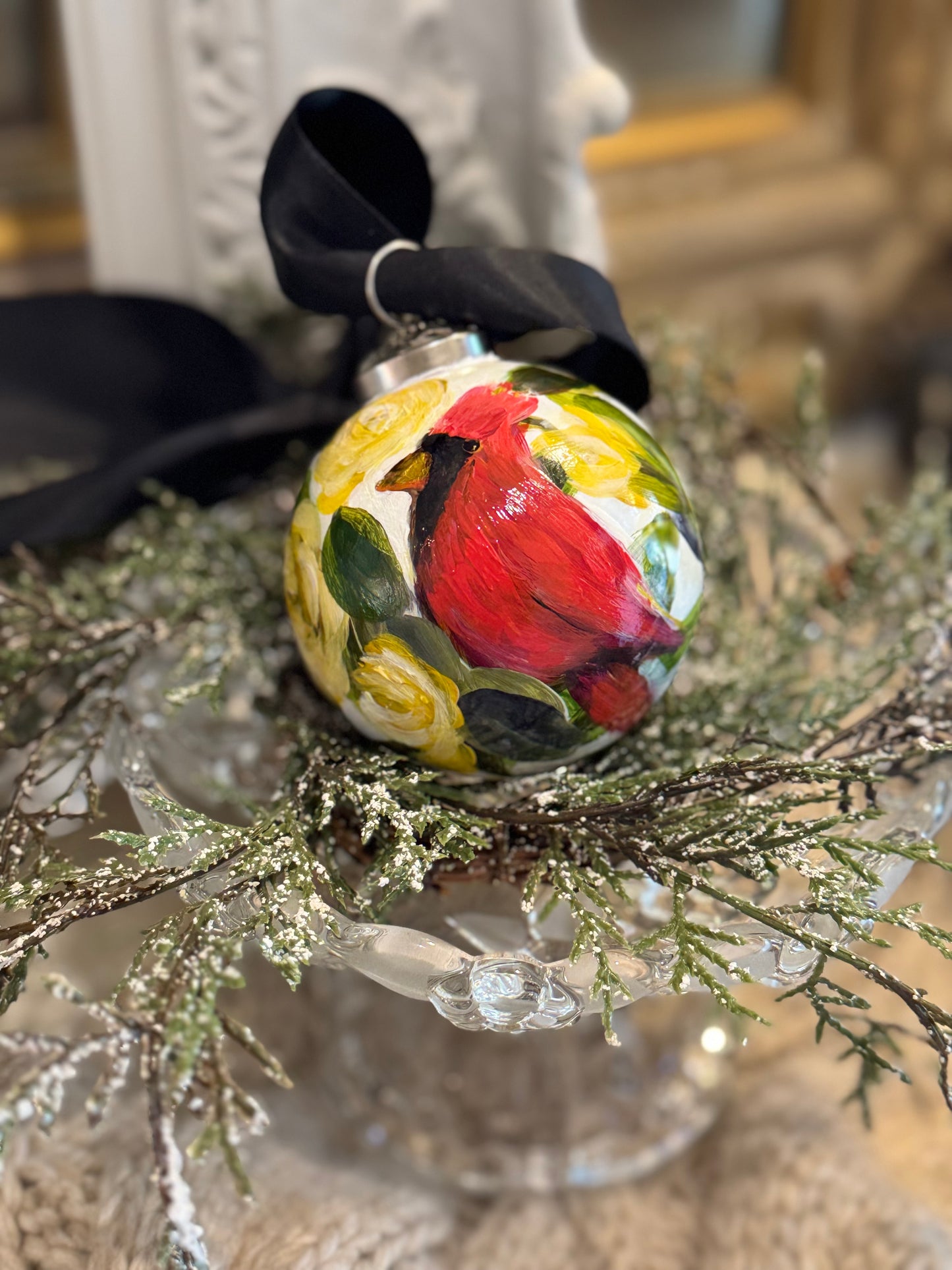 Cardinal with yellow roses ornament